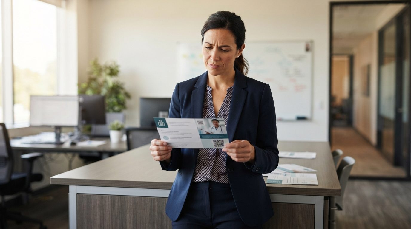 A person in business attire examines a printed mailer with a QR code in a modern office; additional mailers rest on the table.