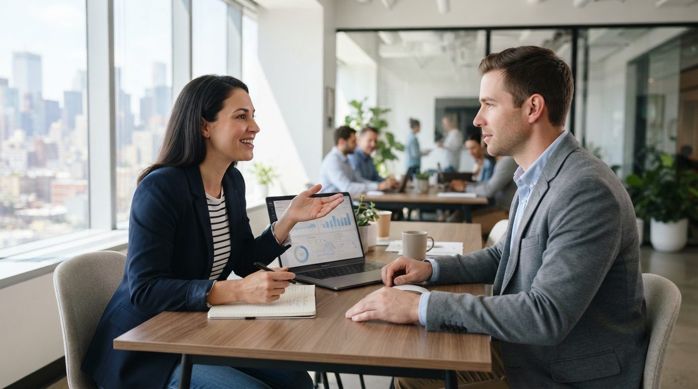 Two businesspeople discuss charts on a laptop at a table in a bright, modern office, with other people working in the background.