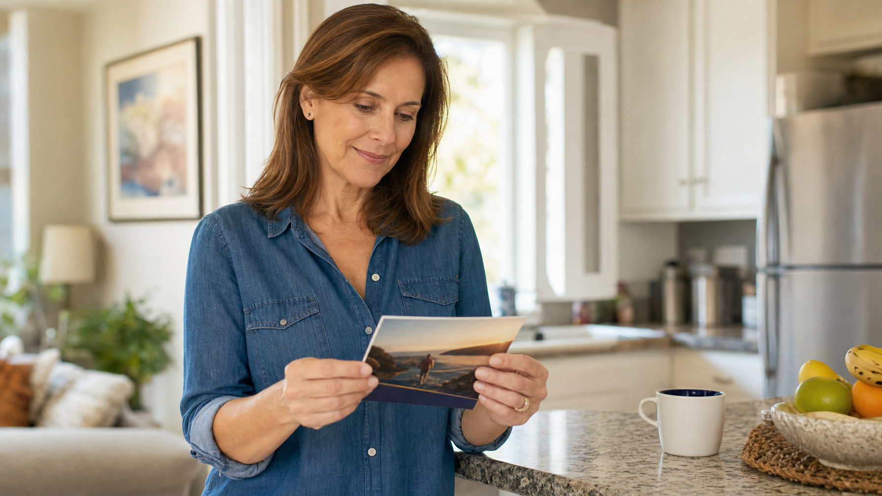 A person looks at a scenic postcard while standing at a kitchen counter, with a mug and fruit bowl nearby.