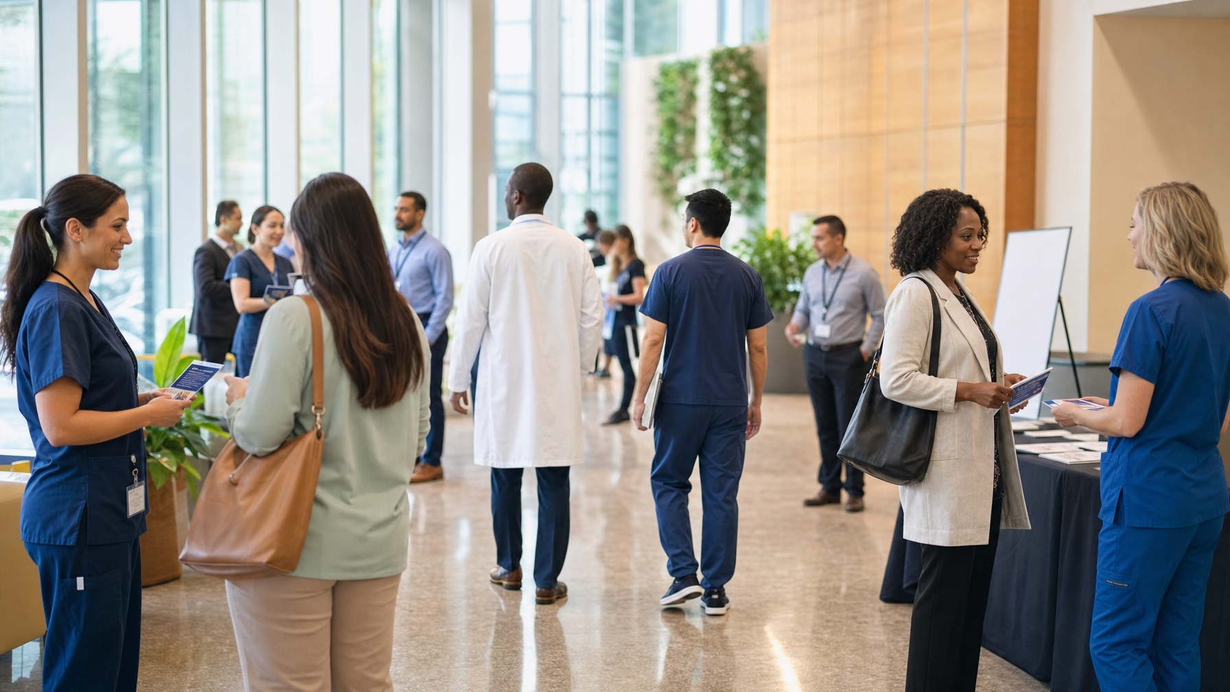 People in medical scrubs and business attire talk and exchange brochures in a bright lobby with tables and an easel.