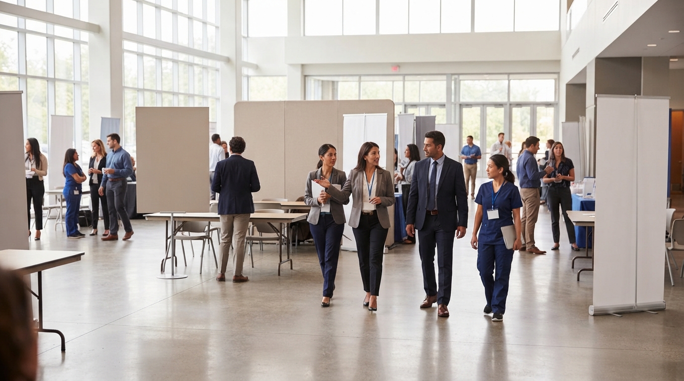 People in business attire and scrubs walk and converse among tables and blank display panels in a bright, windowed event hall.