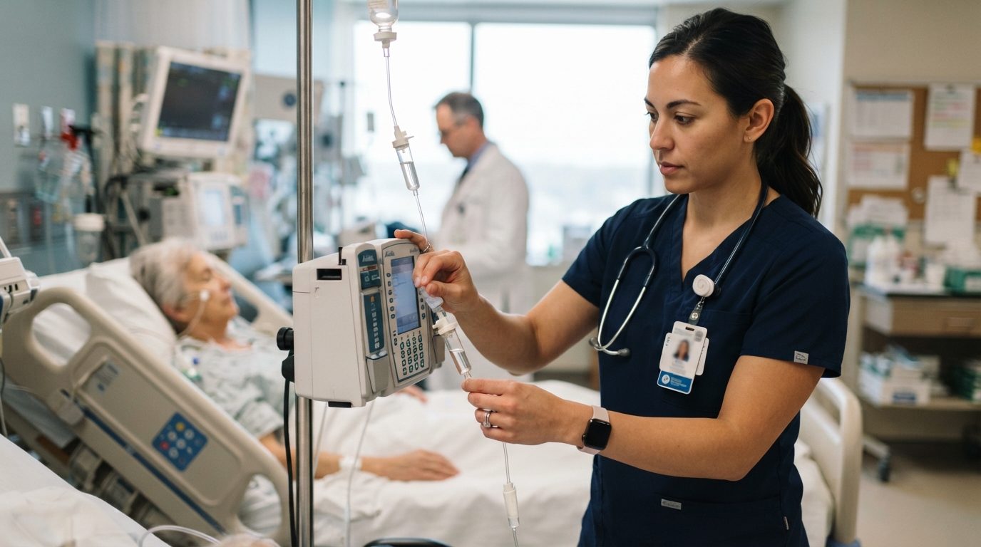 A nurse adjusts an infusion pump beside a hospital bed in a clinical ward, with a patient in the bed and medical equipment around them.