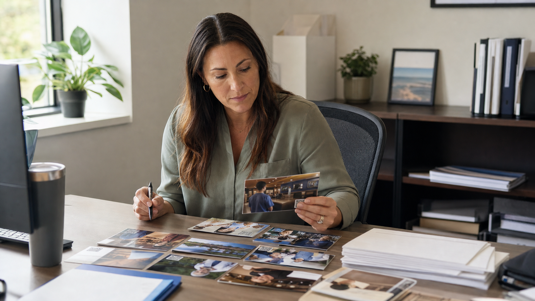 A person holds a printed card and pen while reviewing illustrated cards spread across a desk in an office.