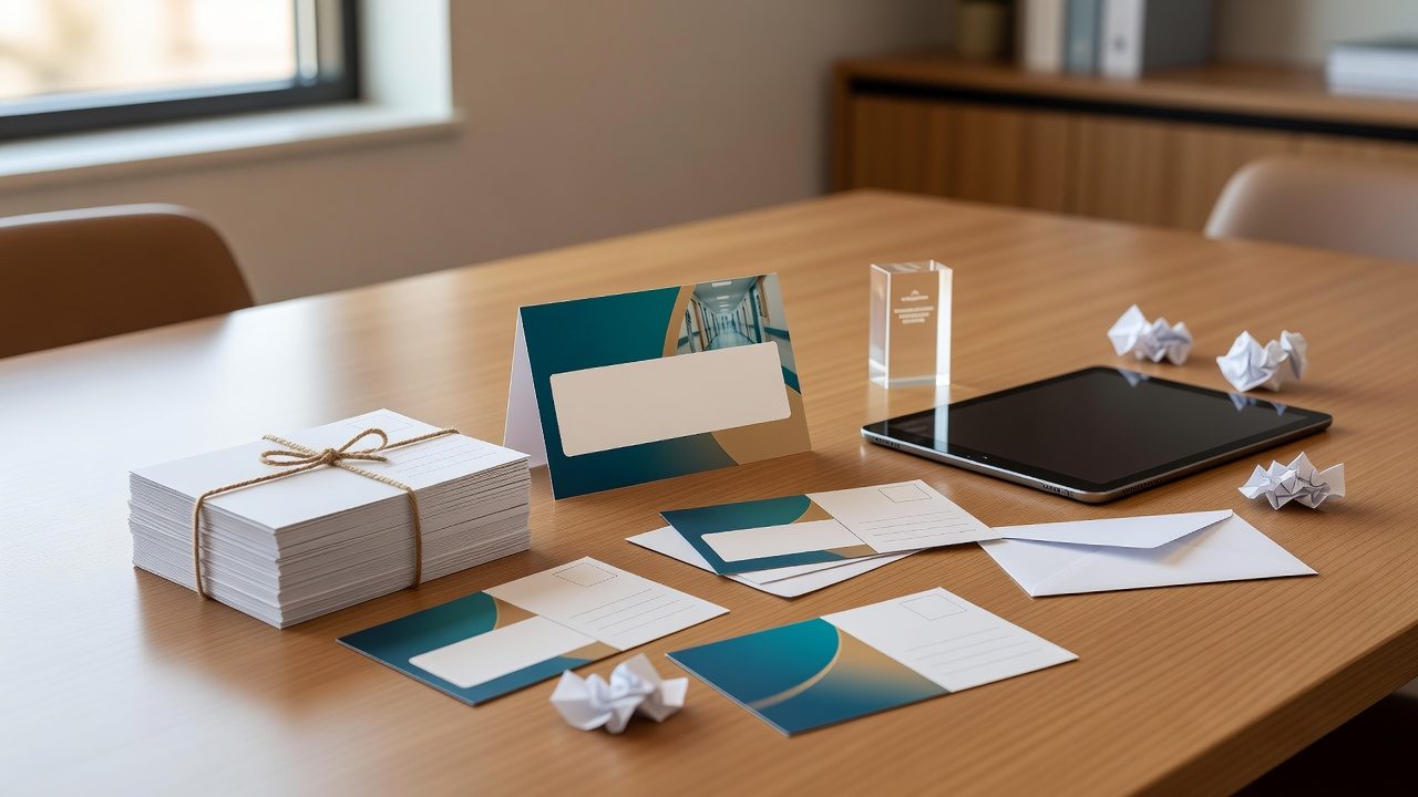 Postcards, envelopes, and a tied stack of paper sit on a wooden office table beside a tablet and crumpled paper.