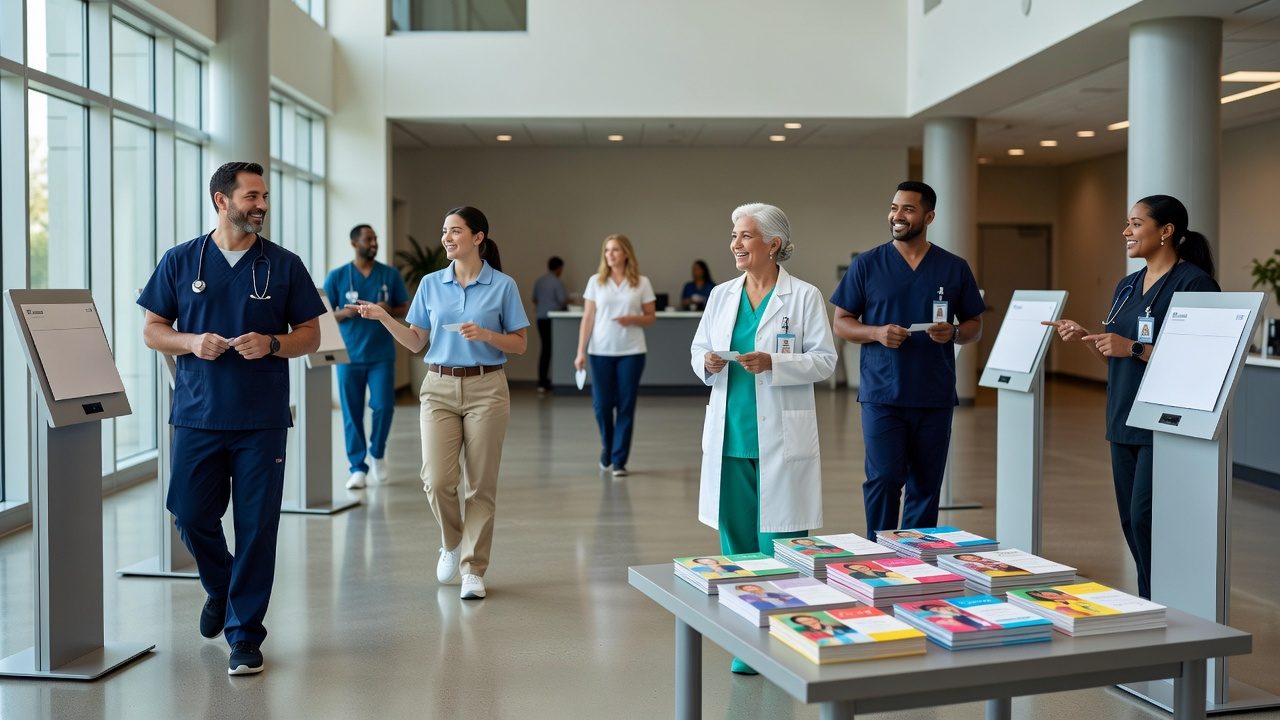 Healthcare workers and other people walk through a bright hospital lobby beside information kiosks and a table stacked with colorful brochures.