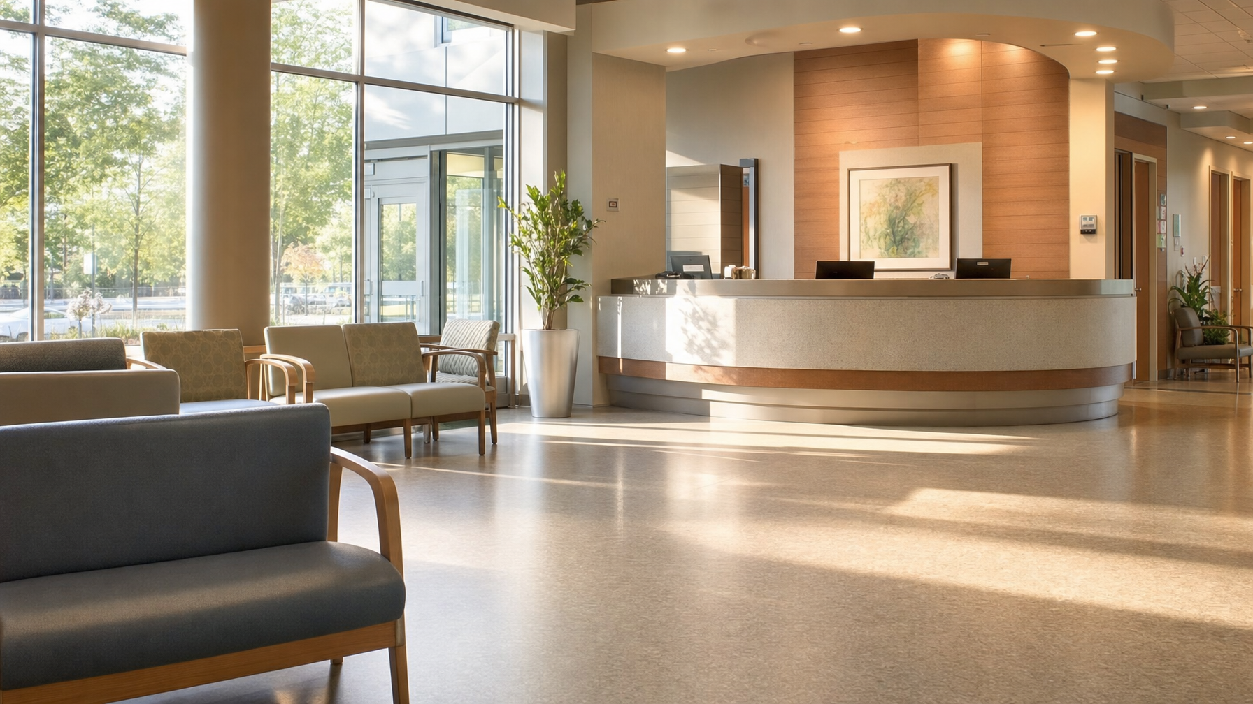 A bright reception lobby with an empty curved desk, waiting chairs, large windows, and potted plants.