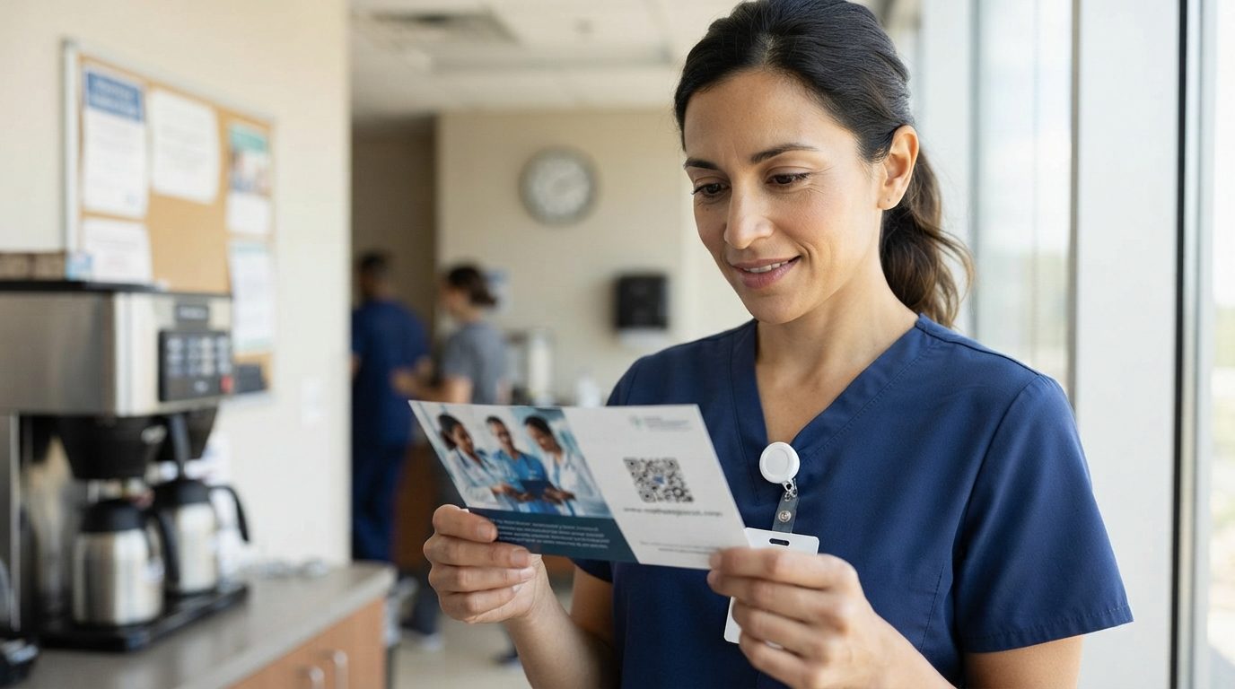 A healthcare worker in blue scrubs reads a postcard with a QR code in a bright break room.