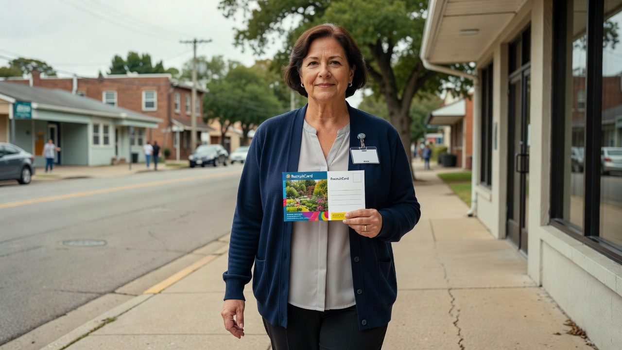 A woman wearing an identification badge holds a colorful postcard on a commercial street sidewalk, with storefronts, cars, and pedestrians behind her.