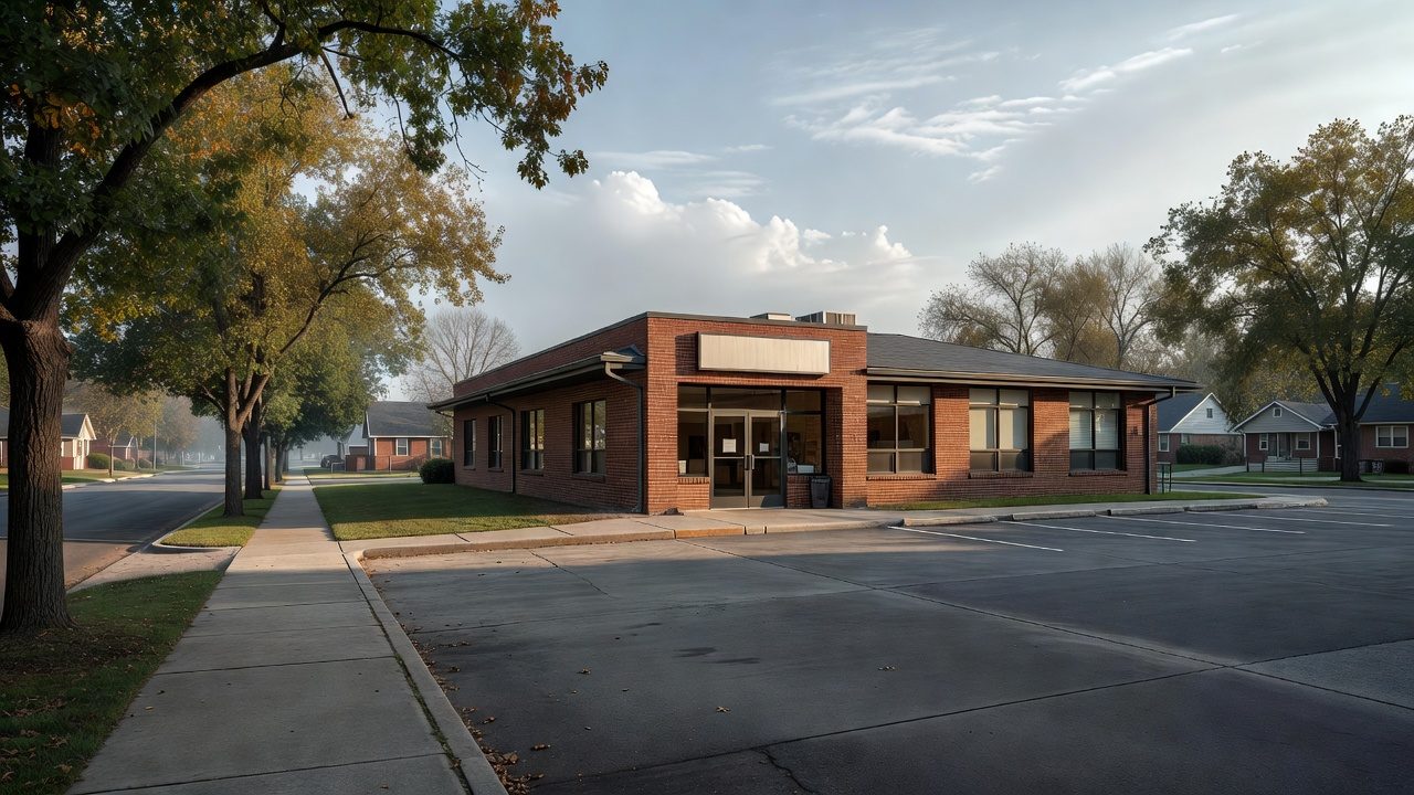 A small brick community-style building sits beside a tree-lined residential street, with a sidewalk and empty parking lot in front.