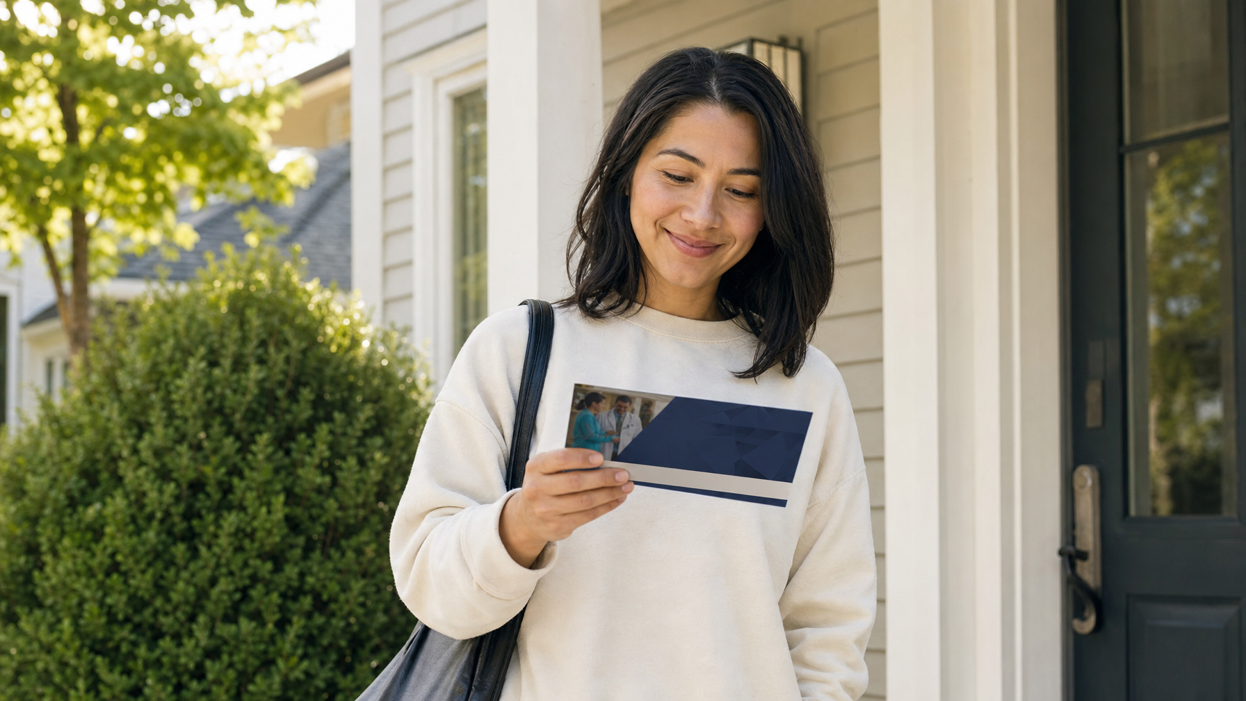 A woman holding a printed brochure stands outside a house beside a doorway and shrubs.