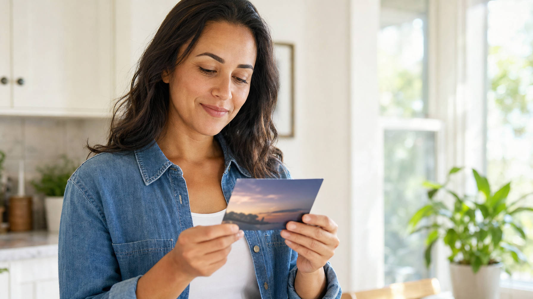 A person in a denim shirt looks at a postcard with a scenic image in a bright home interior.