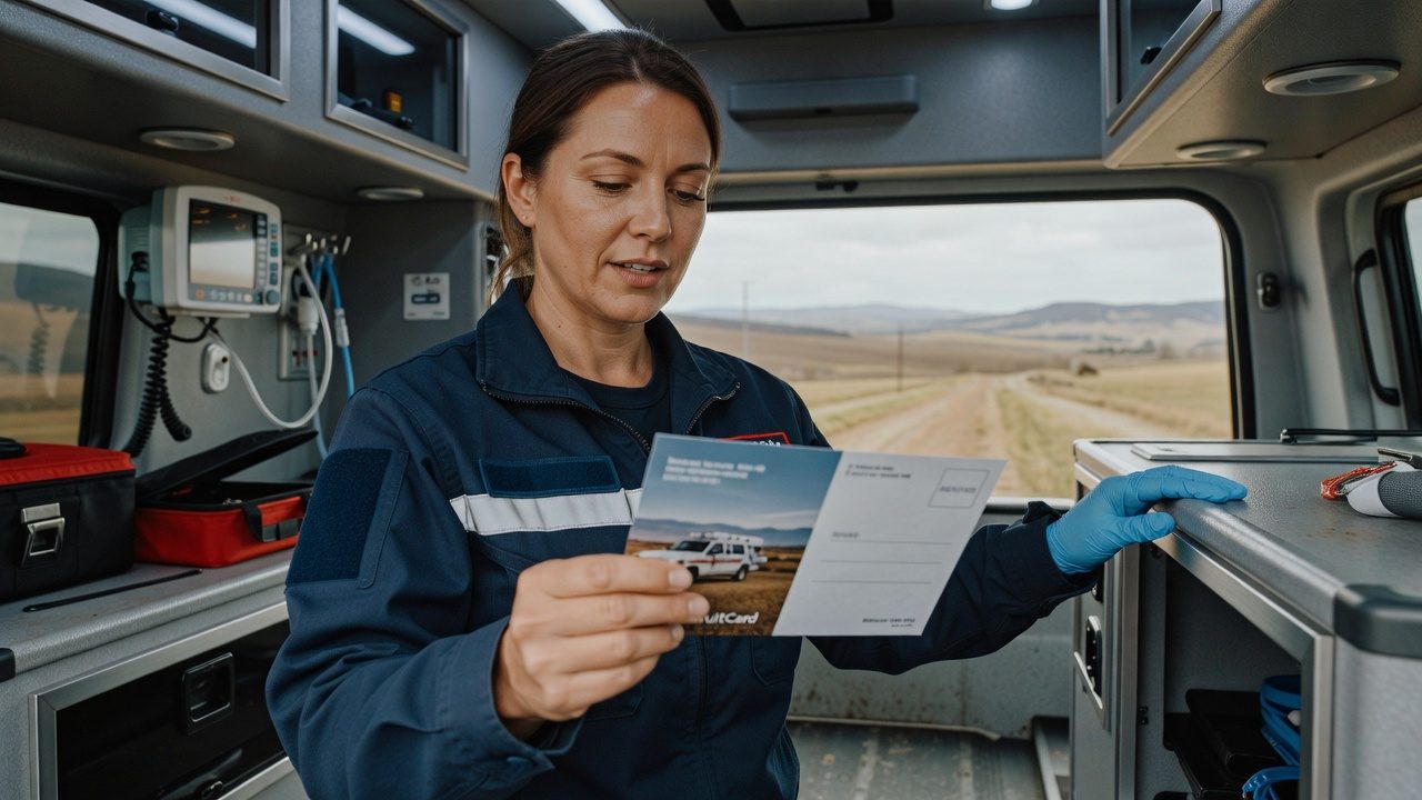 An emergency medical responder in uniform reads a document inside an ambulance, with medical equipment and a rural landscape visible through the open rear doors.