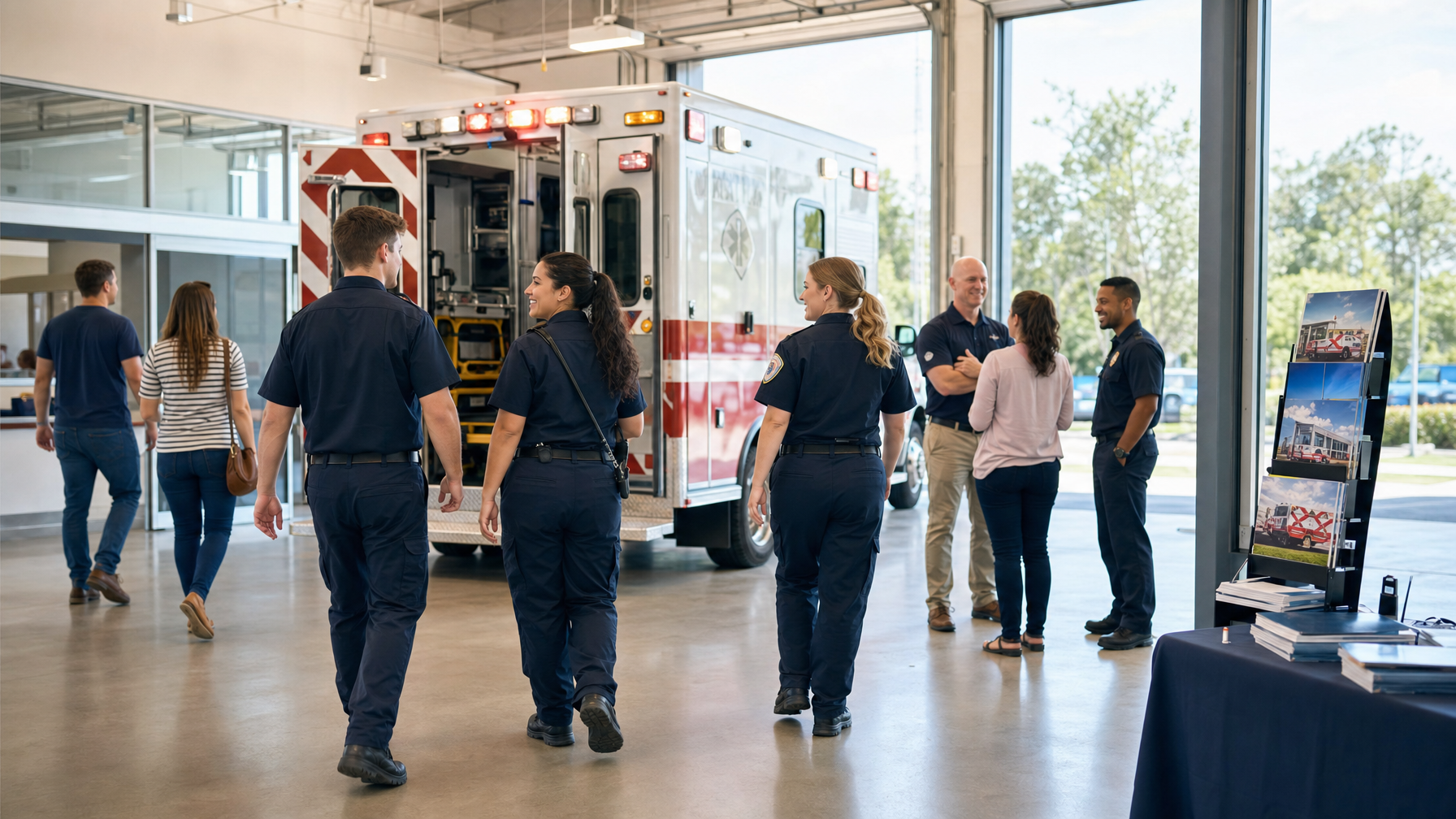 Uniformed emergency medical personnel walk toward an ambulance inside a bright station while visitors stand nearby and a brochure display sits on a table.
