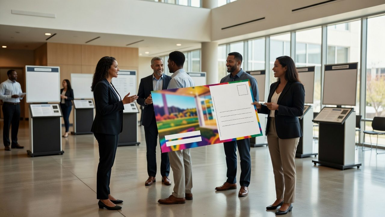 Business-dressed adults converse in a bright exhibition hall while one holds an oversized postcard-like display with a blurred landscape image and blank lines.