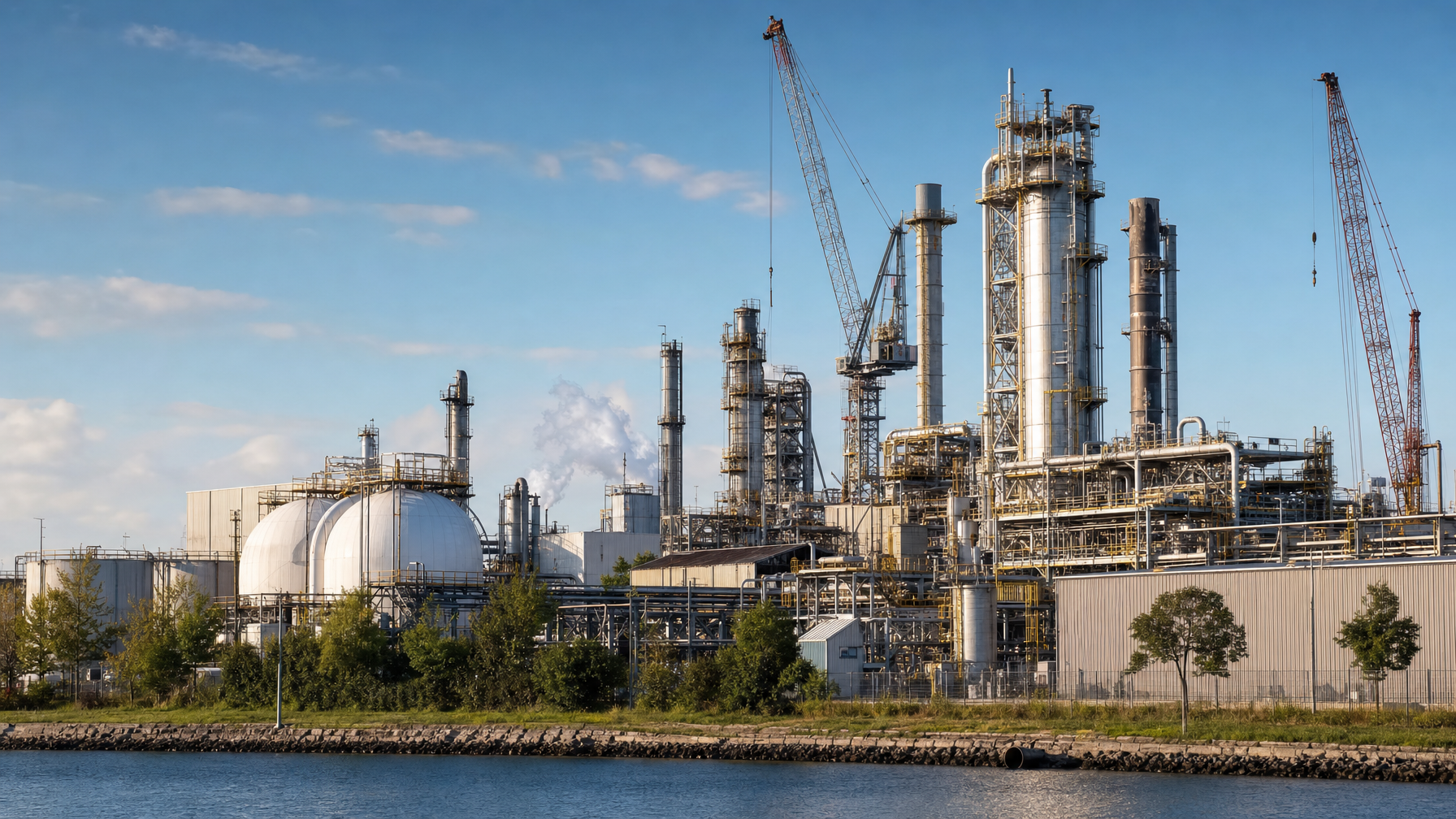 An industrial processing plant with tall processing towers, pipes, storage tanks, and cranes stands beside a body of water under a blue sky.