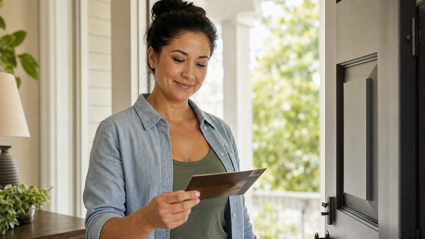 A person holds a mailer while standing at an open front door in a home entryway.