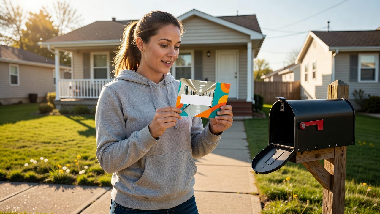 A woman in a gray hoodie holds a colorful postcard beside an open mailbox in front of suburban houses.