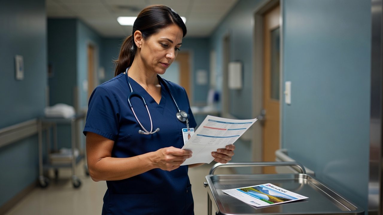 A nurse in navy scrubs reads paperwork beside a wheeled hospital cart in a hospital corridor.