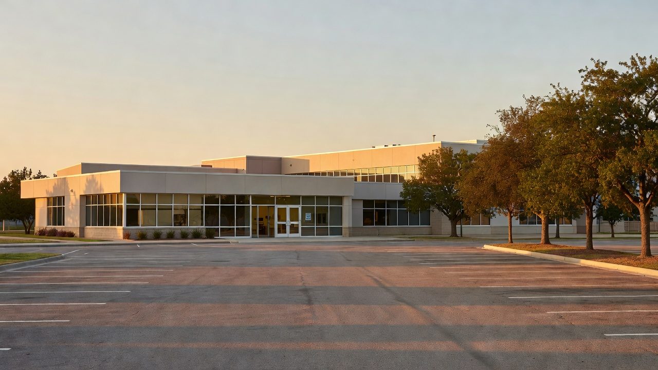A modern institutional building stands behind an empty parking lot, with trees lining the entrance at sunset.
