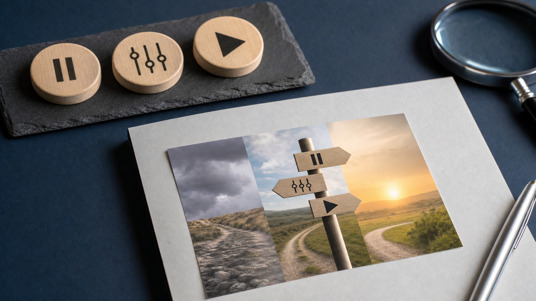 Wooden pause, settings, and play tokens sit beside a photograph of a signpost at a forked landscape, with a magnifying glass and pen on a dark tabletop.
