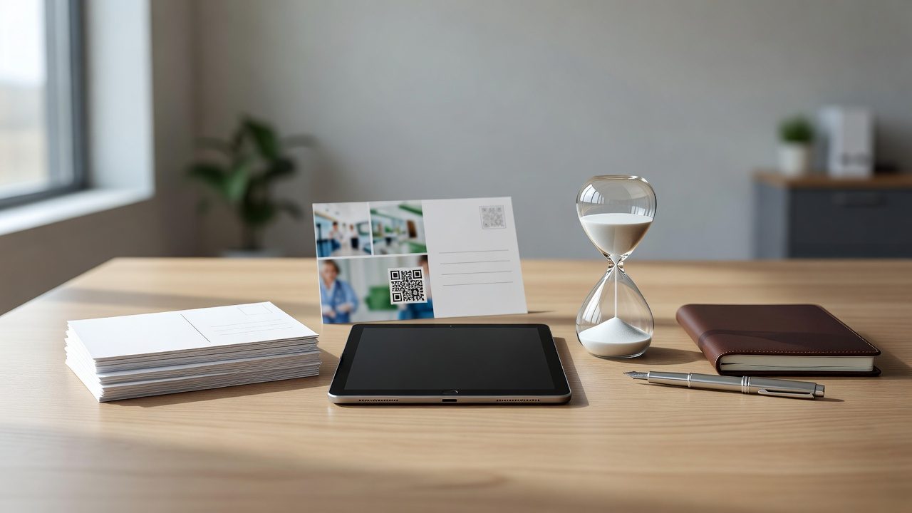 A postcard with two QR codes leans against a tablet on a wooden desk beside stacked postcards, an hourglass, notebook, and pen.