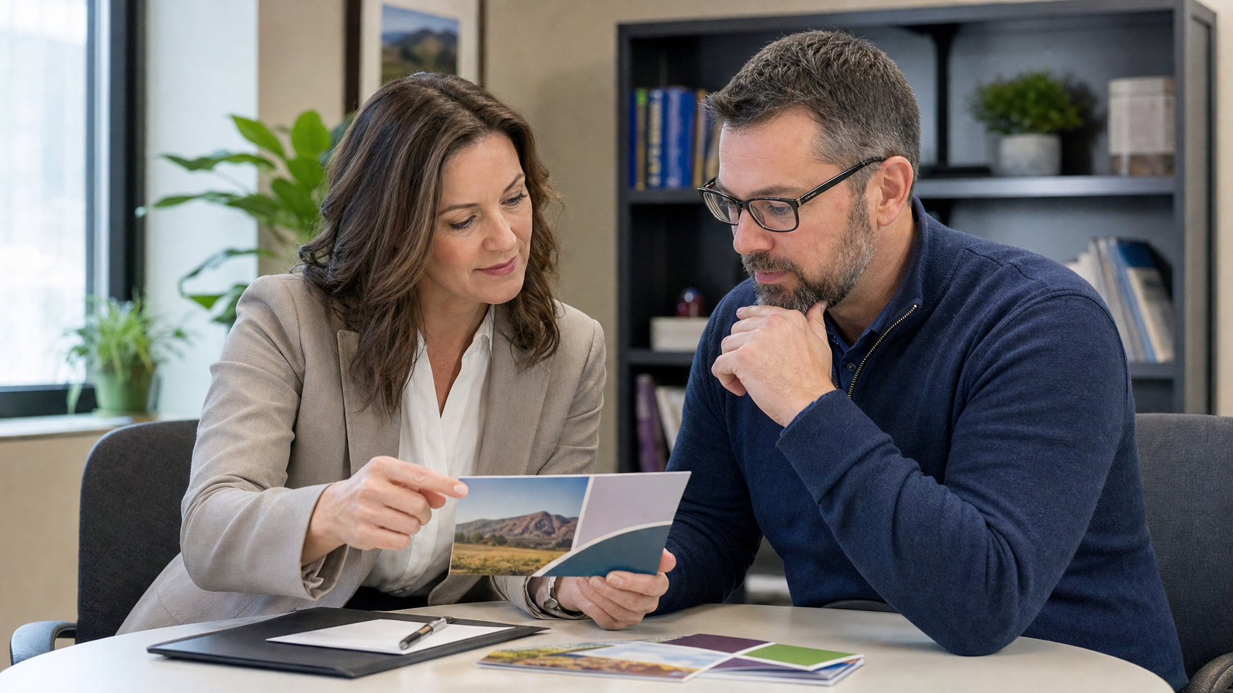 Two adults discuss a brochure featuring a rural landscape at a desk in an office.