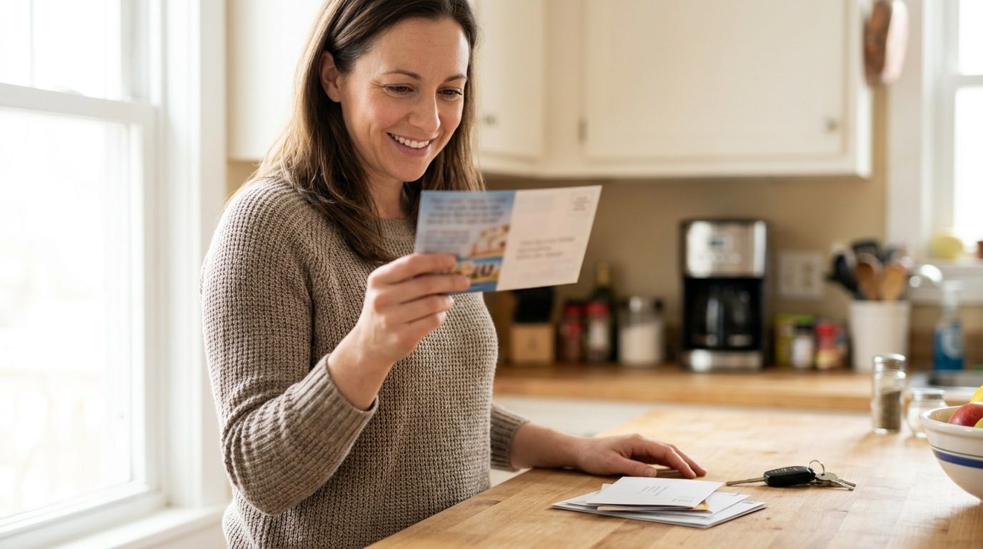 A woman smiles while reading a postcard at a kitchen counter, with additional mail and keys beside her.