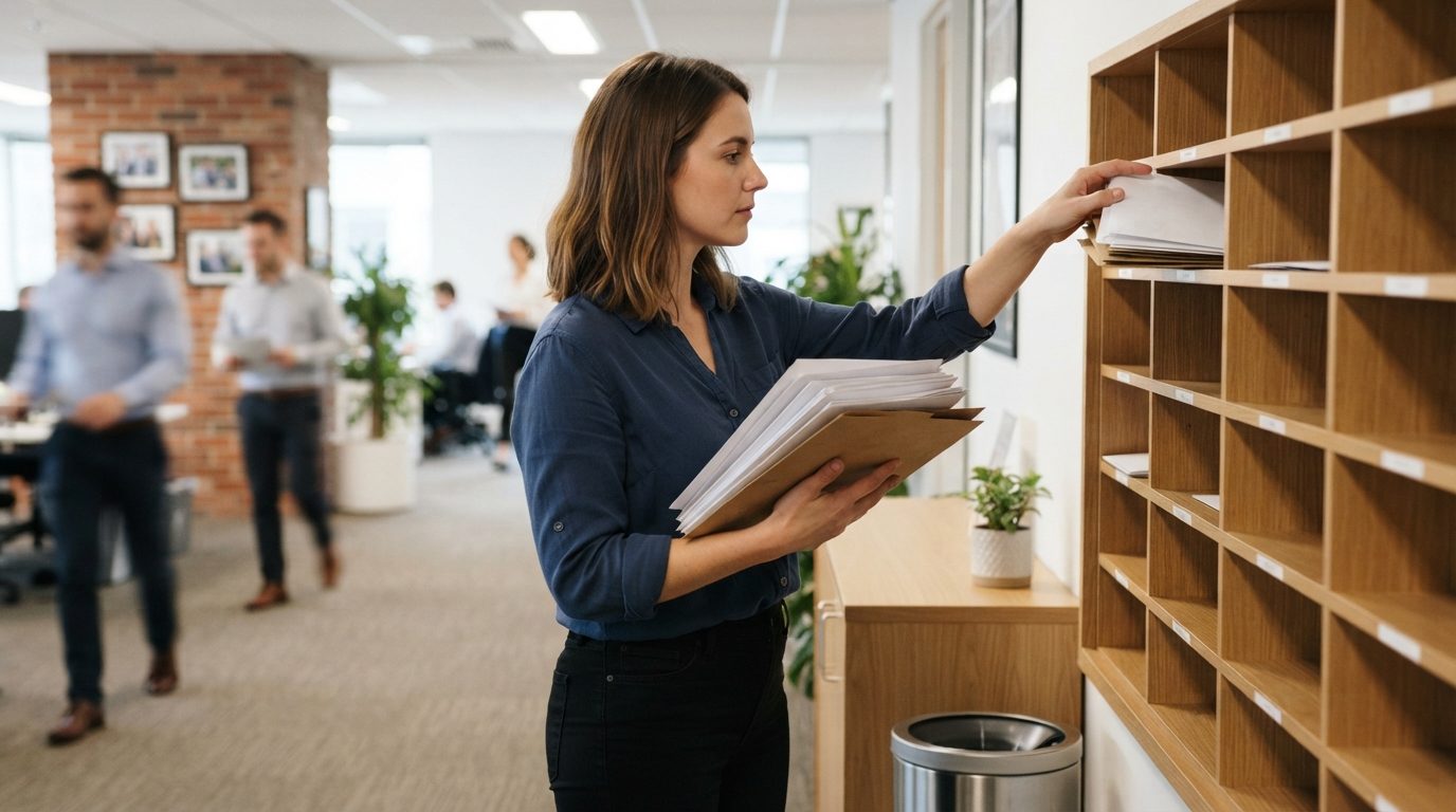 An office worker places papers into a wooden shelving unit while holding more documents, with coworkers visible in a bright open office.