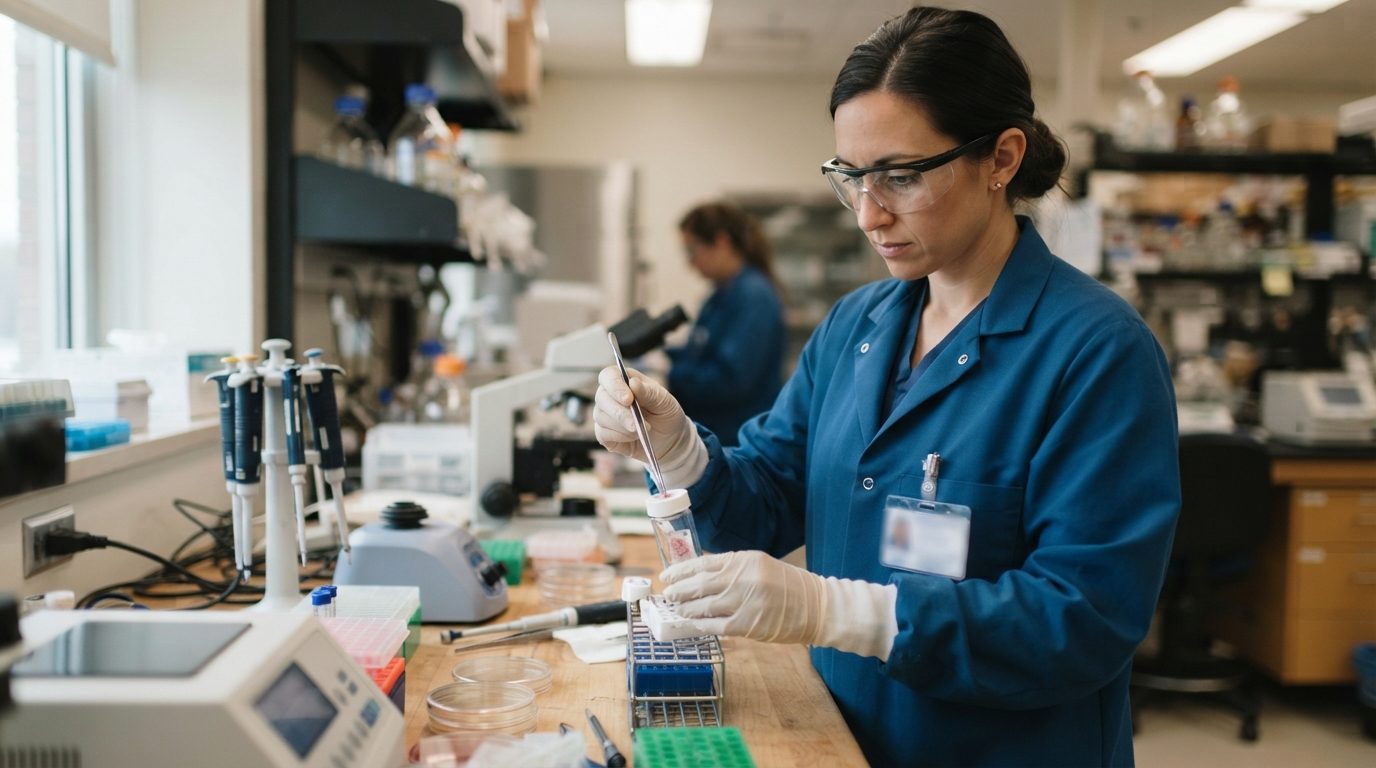 A laboratory worker uses a pipette to handle samples at a well-lit laboratory bench, with another worker in the background.