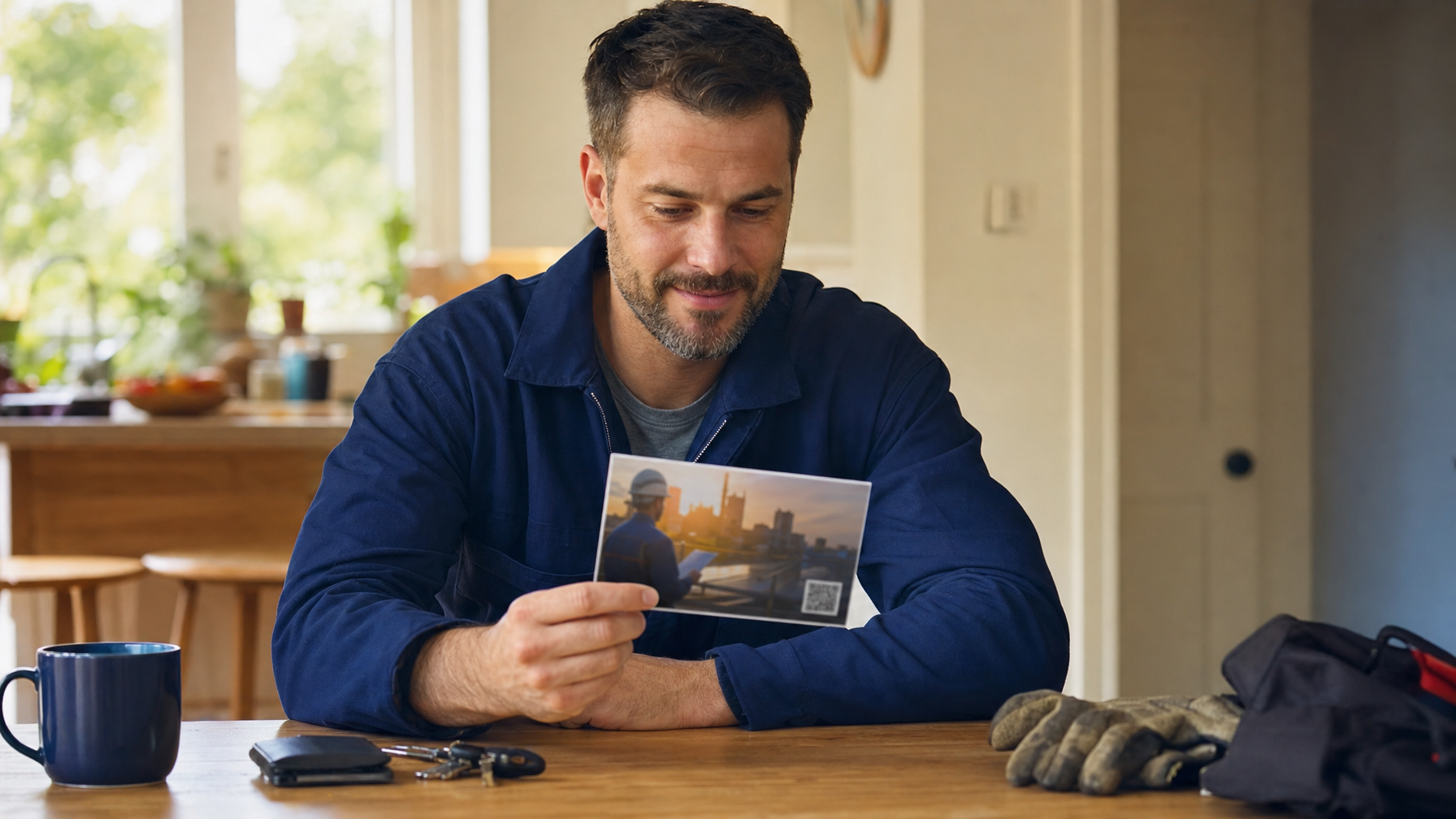 A man sits at a kitchen table holding a postcard with a worker, city skyline, and QR code pictured on it. A mug, keys, gloves, and a tool bag are nearby.