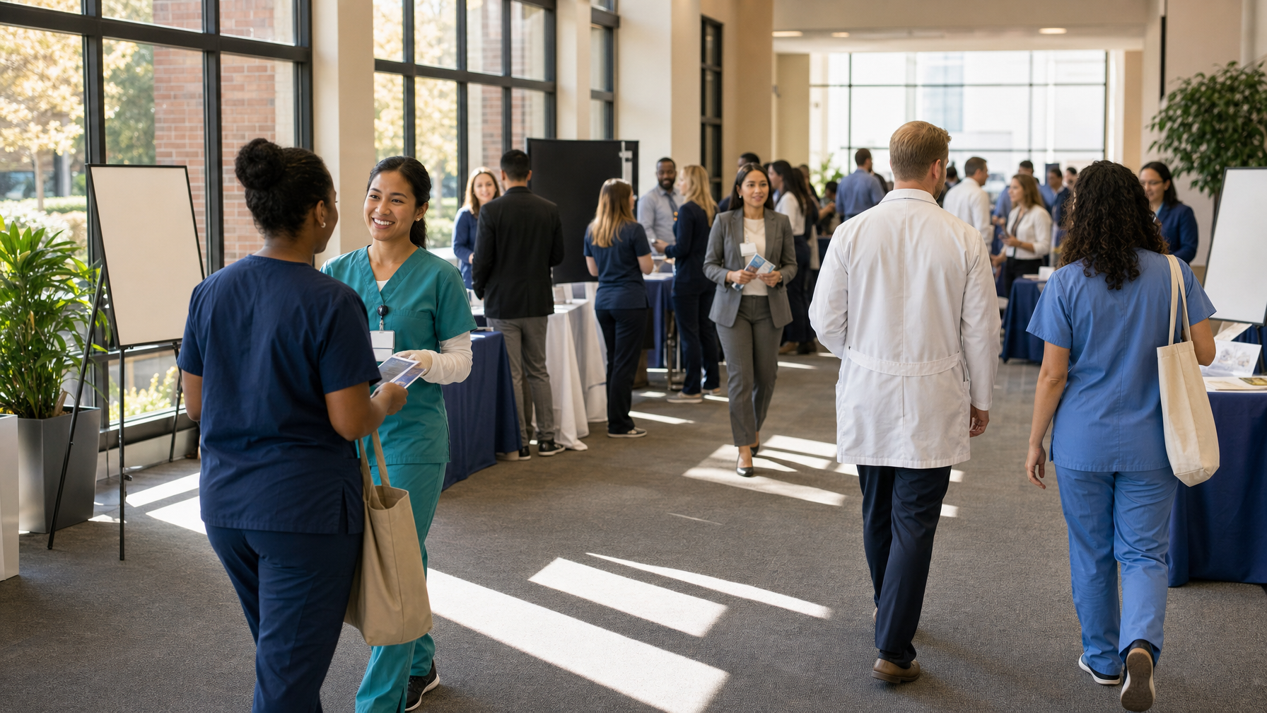 People in scrubs and business attire exchange printed materials at tables in a bright indoor career fair.