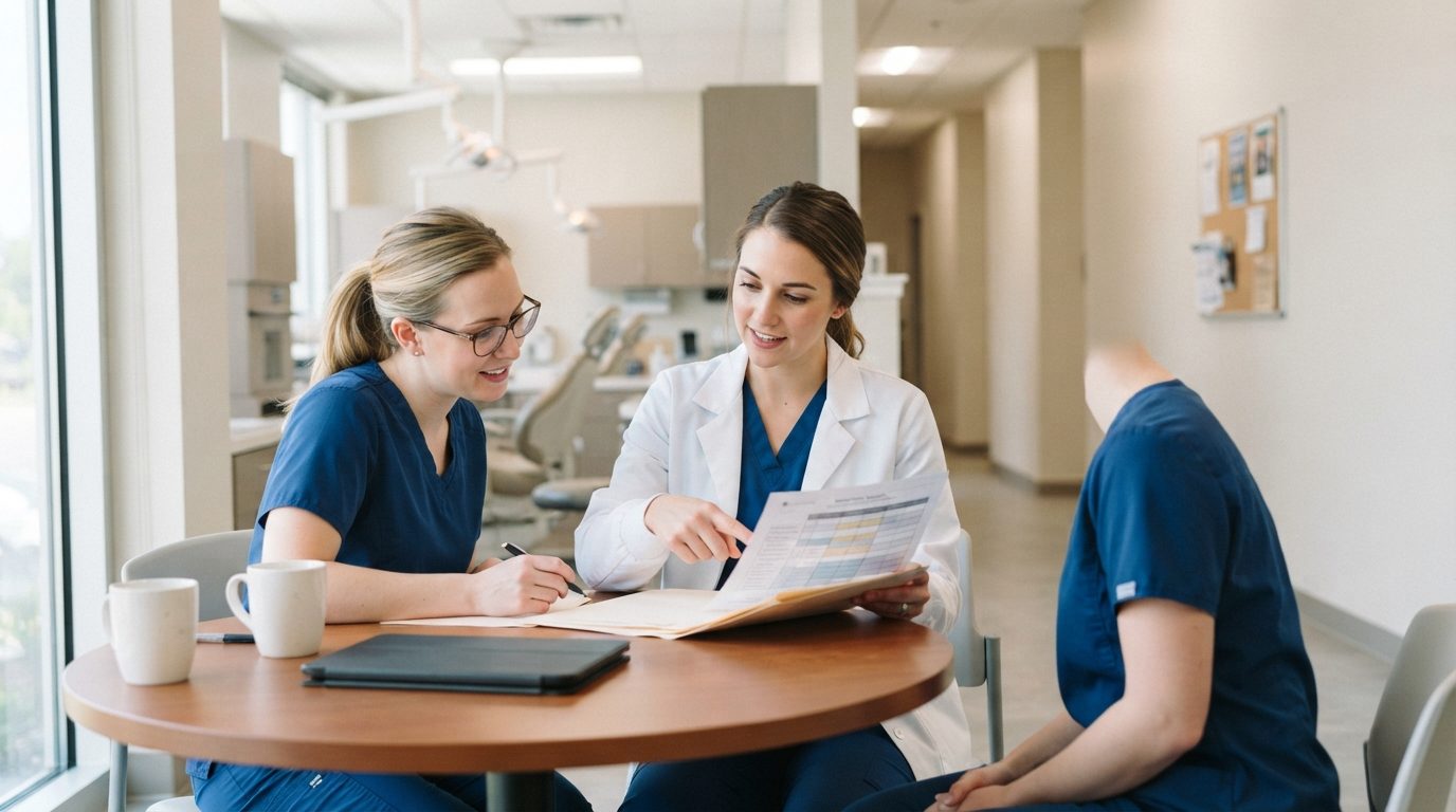 Three dental staff members review paperwork around a table in a bright dental clinic.