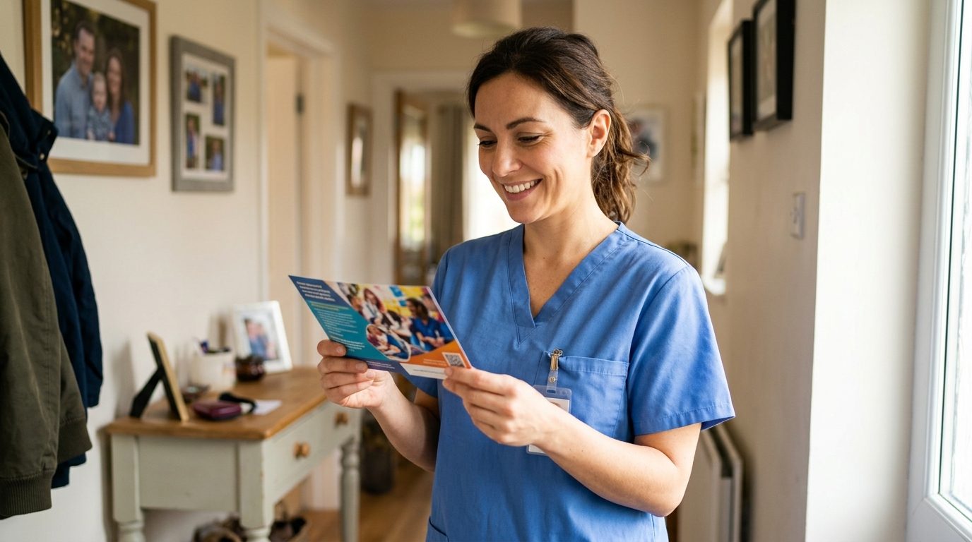 A healthcare worker in blue scrubs reads a colorful postcard in a home entryway.