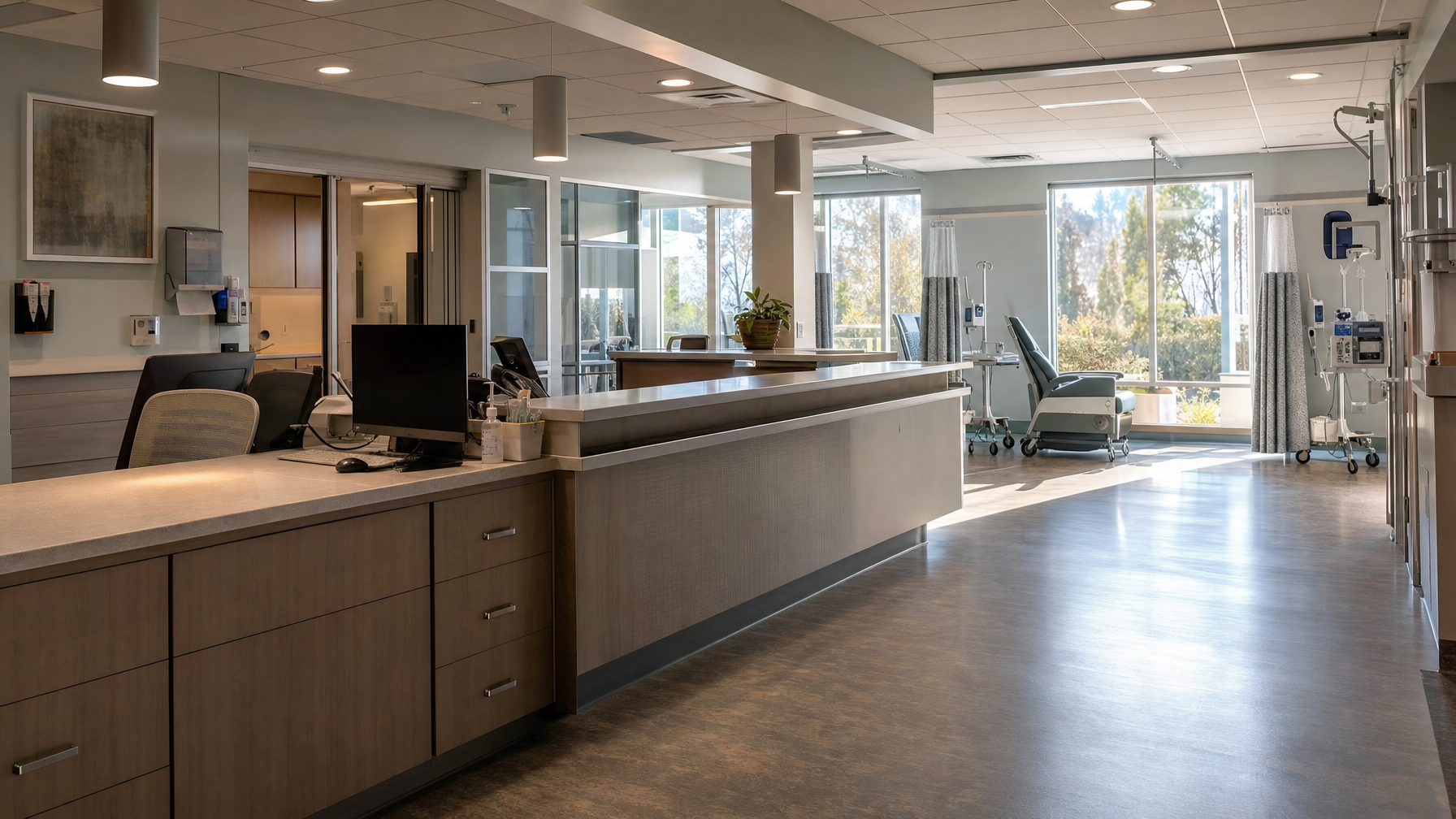 An empty hospital treatment area with a reception desk, computer, reclining treatment chairs, IV stands, and large windows.