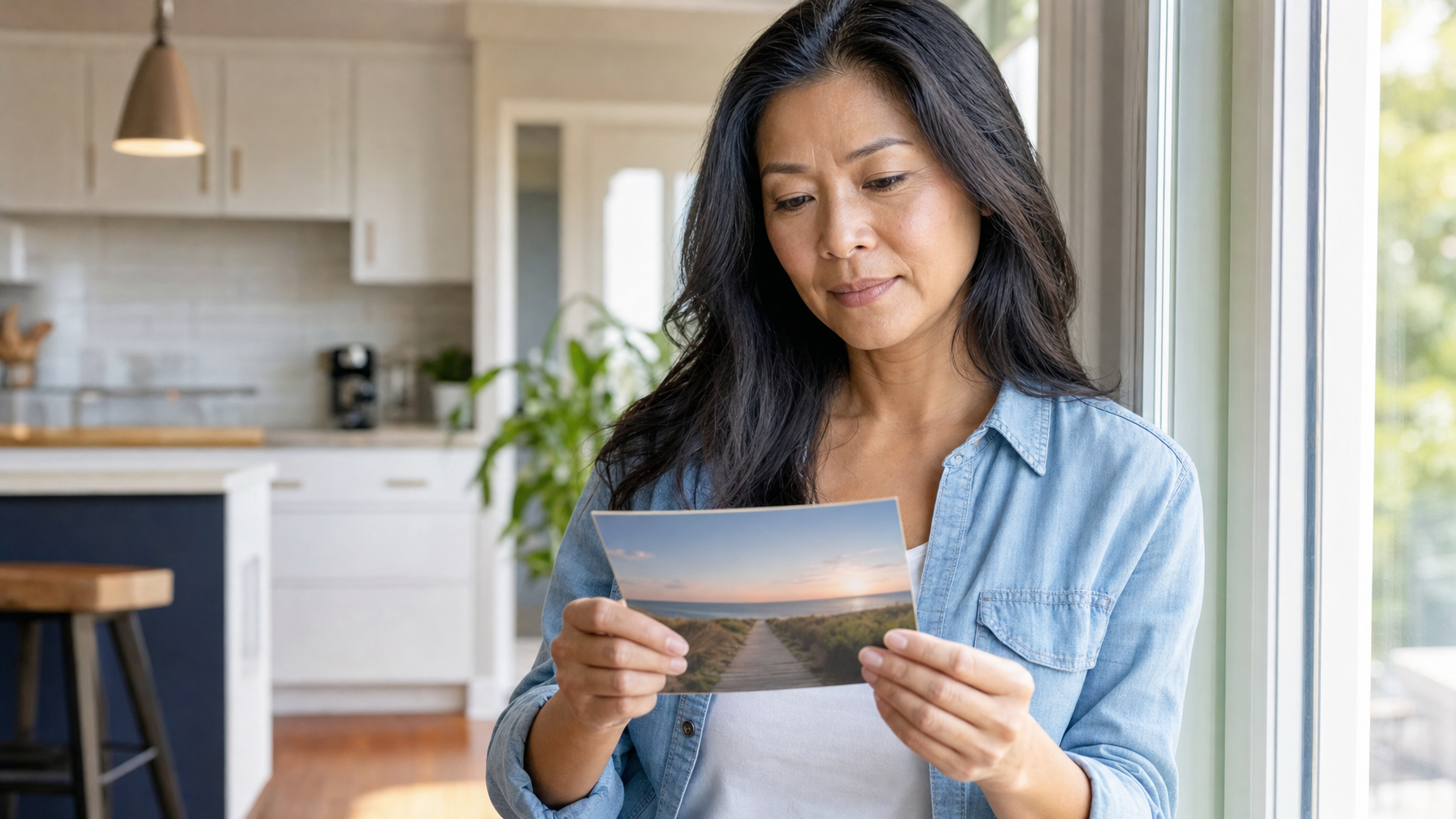 A person holds a scenic postcard while standing beside a window in a bright home kitchen.