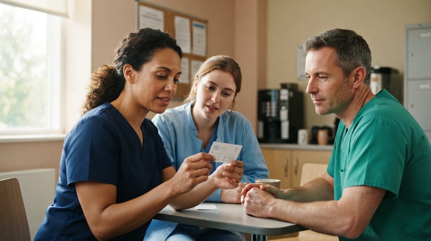 Three people in medical scrubs review a card together at a table in a bright healthcare break room.