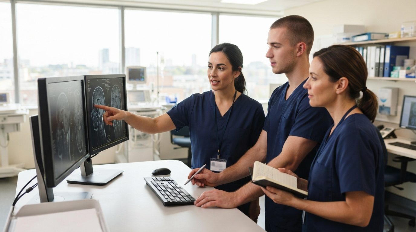 Three healthcare workers in scrubs review brain scan images at computer monitors in a bright medical imaging room.