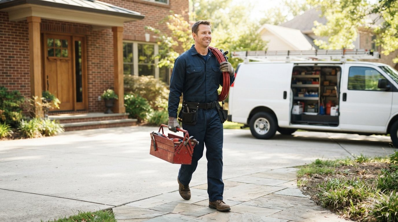 A plumber carries a toolbox and coiled tubing toward a brick house beside a white service van.