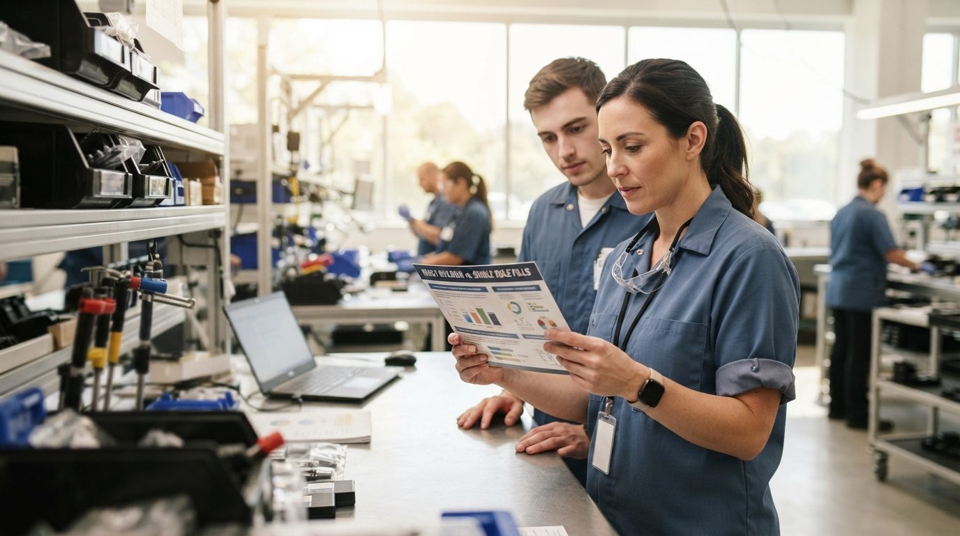 Two industrial workers review a printed report at a workbench in a bright, tool filled workshop, with other workers and equipment in the background.