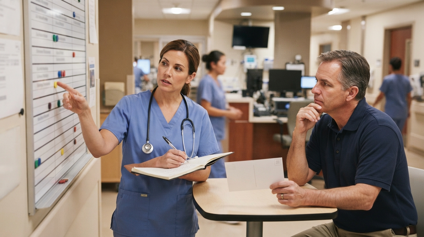 A nurse in scrubs stands at a hospital unit board, pointing to a row of assignment markers while holding an open notebook, as a seated colleague listens and holds a plain unprinted card.