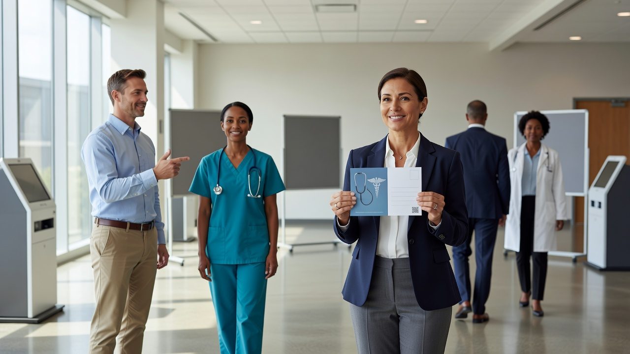 A woman in business attire holds a postcard with a medical symbol and QR code as healthcare workers stand in a bright clinic lobby.