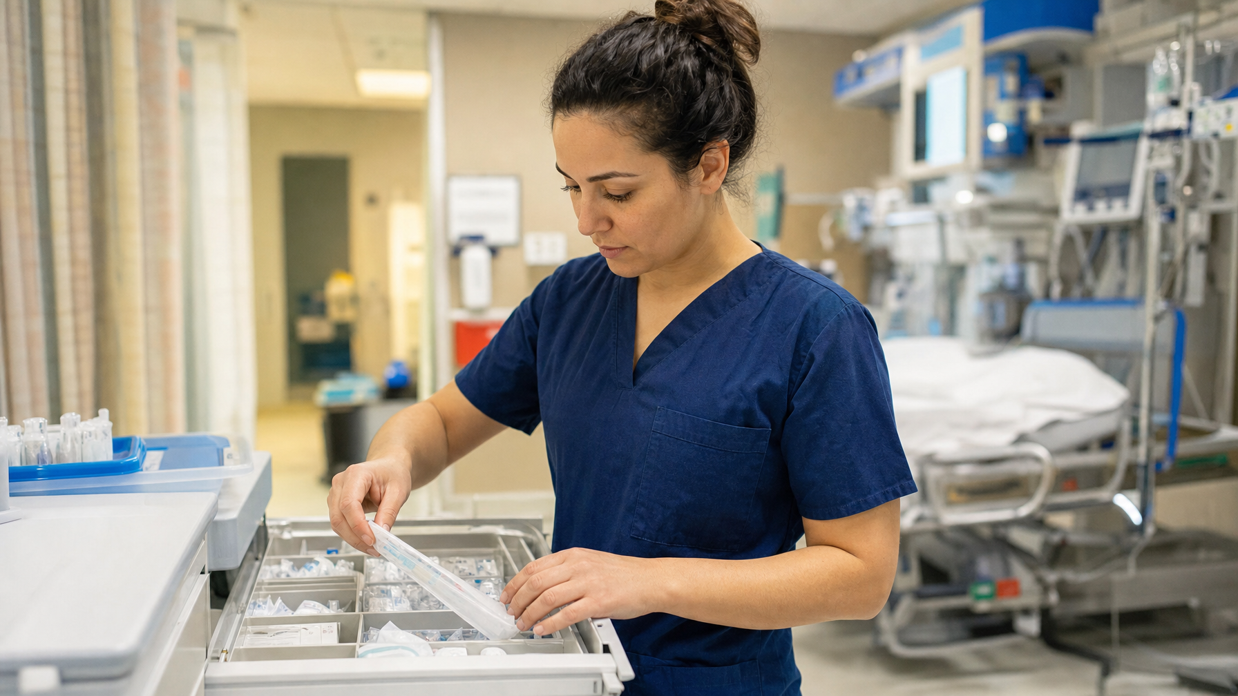 A healthcare worker in blue scrubs selects a packaged medical item from a supply drawer in a hospital room.