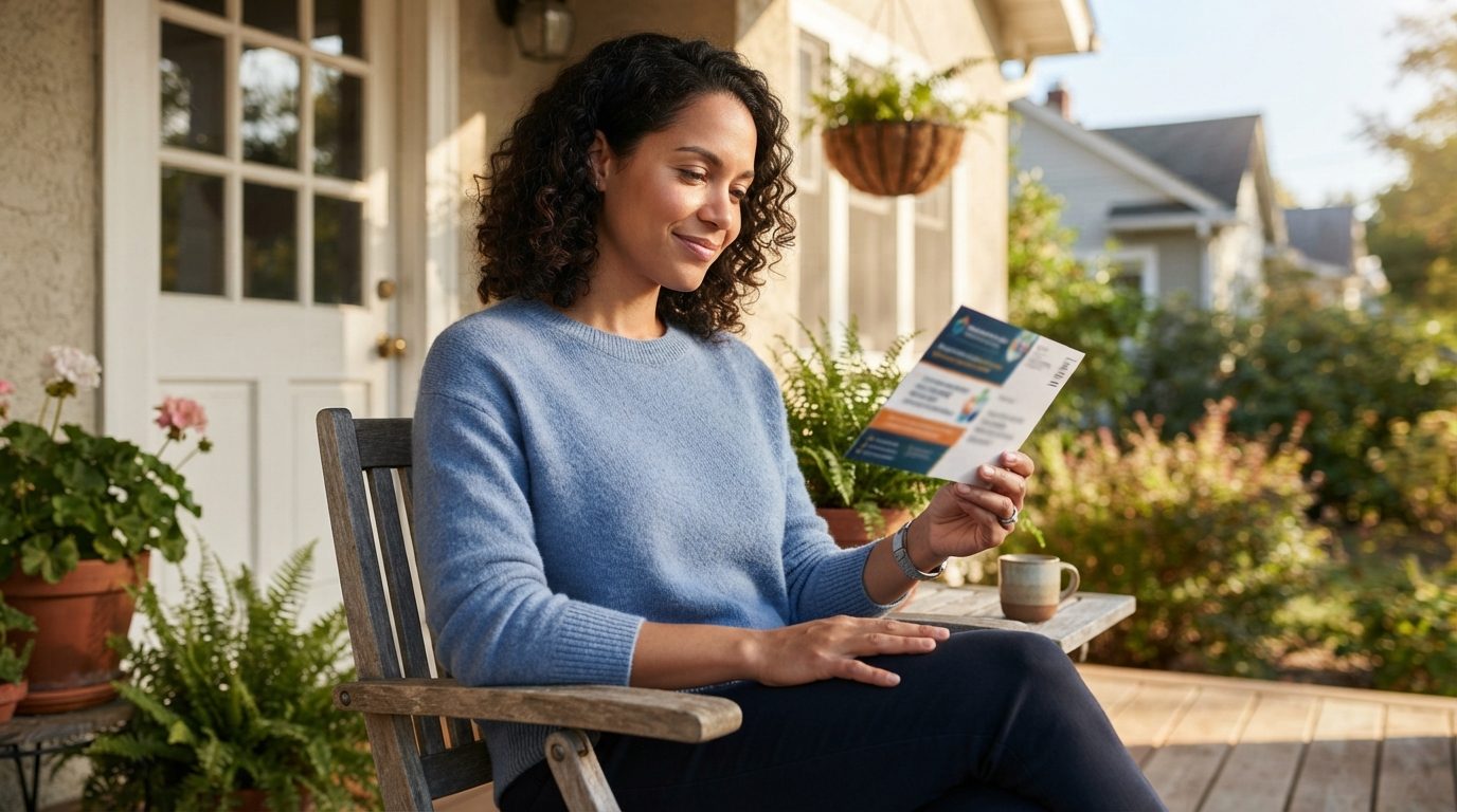 A seated woman holds a printed postcard on a residential porch beside a table with a mug and potted plants.