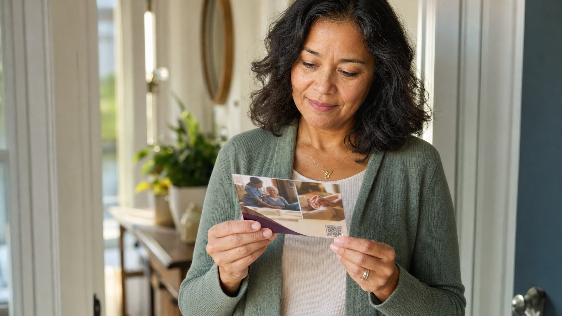 A woman examines a postcard in a bright home entryway; the postcard features caregiving scenes and a QR code.