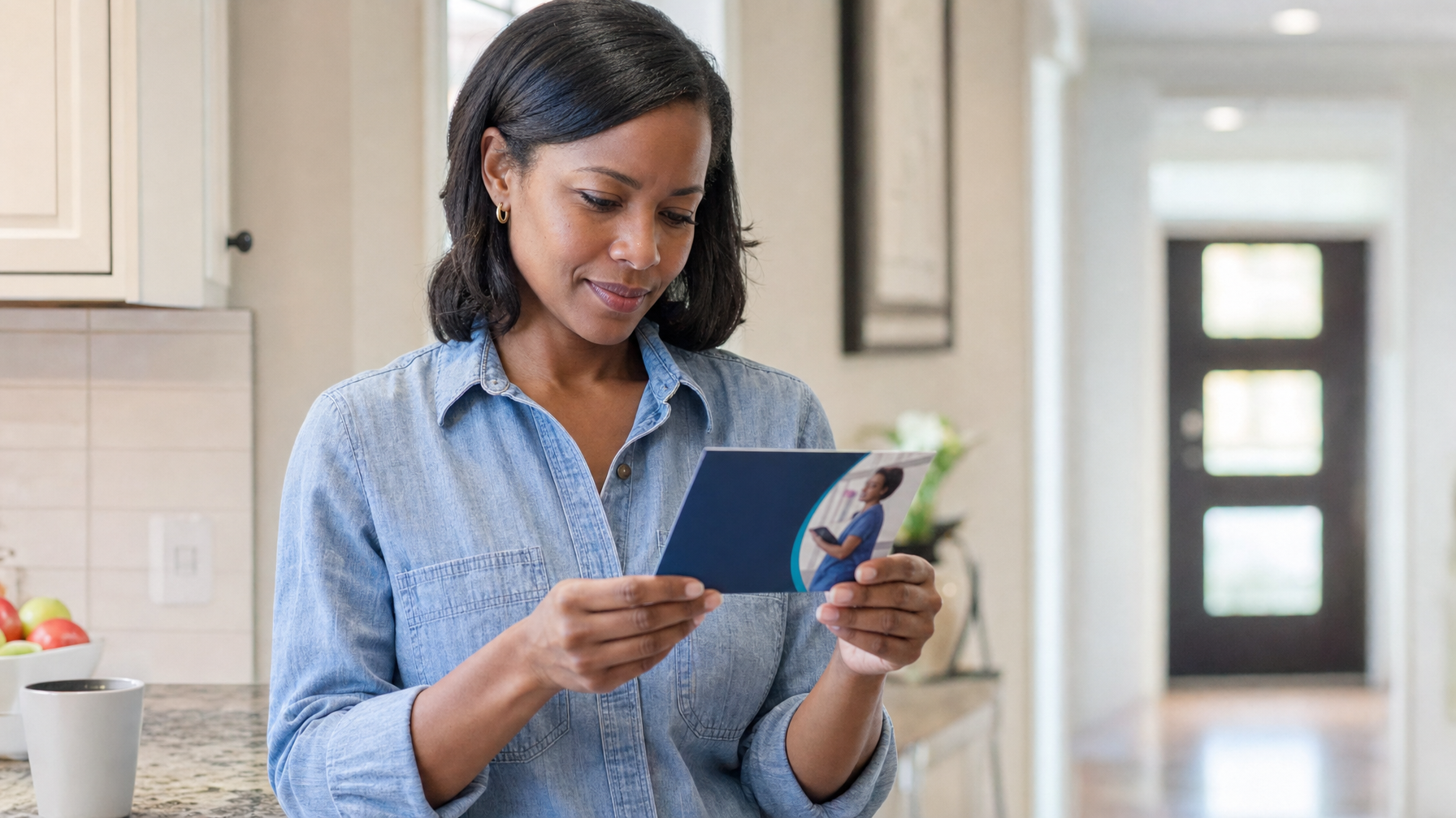 A woman reads an open blue brochure in a home kitchen and entryway.