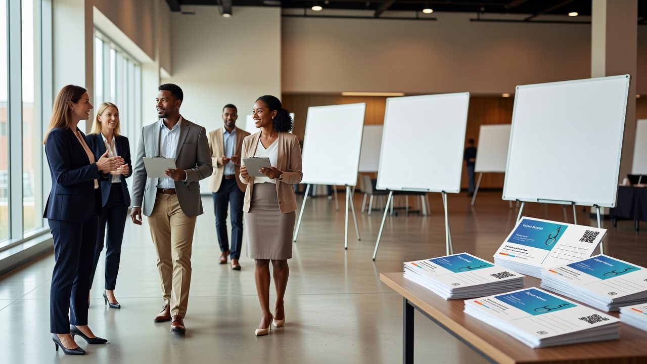 Business-dressed people walk and converse in a bright event space with blank presentation boards and stacks of printed cards on a table.