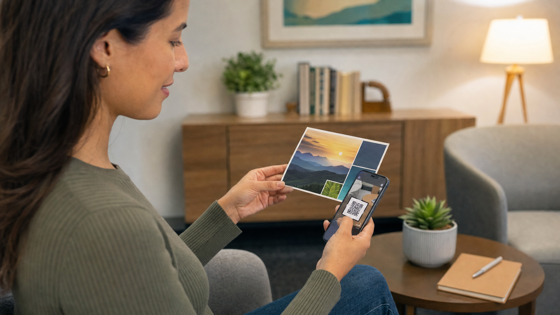 A person holds a postcard and points a smartphone at its QR code while seated in a warmly furnished living room.