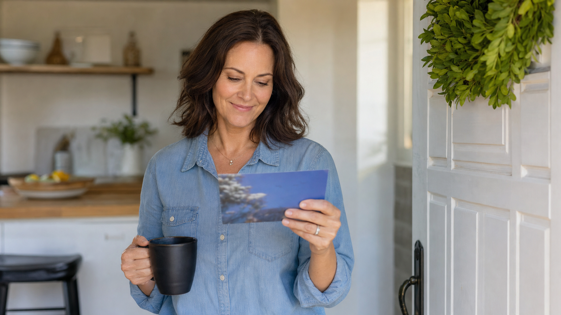 A person holds a black mug and a postcard while standing in the doorway of a bright home, with a kitchen and leafy wreath behind them.