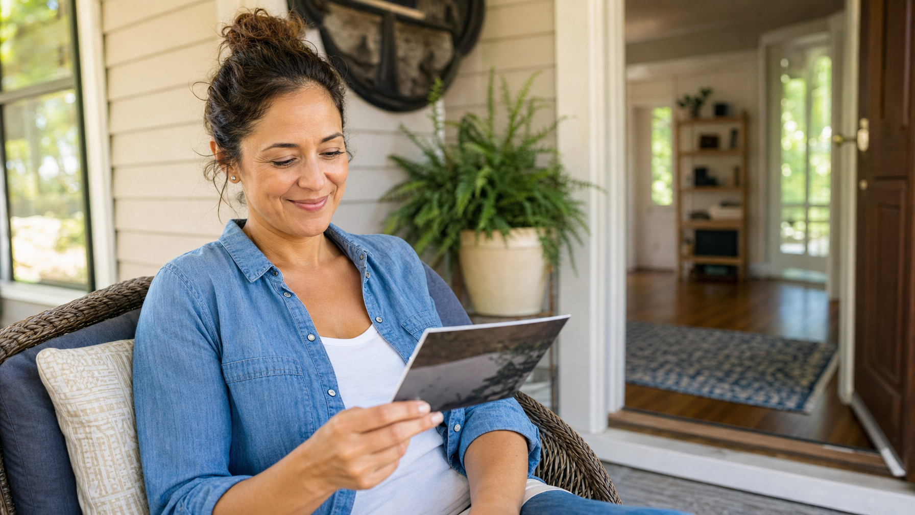 A person sits in a wicker chair and looks at a postcard beside a potted plant and open doorway in a residential entryway.