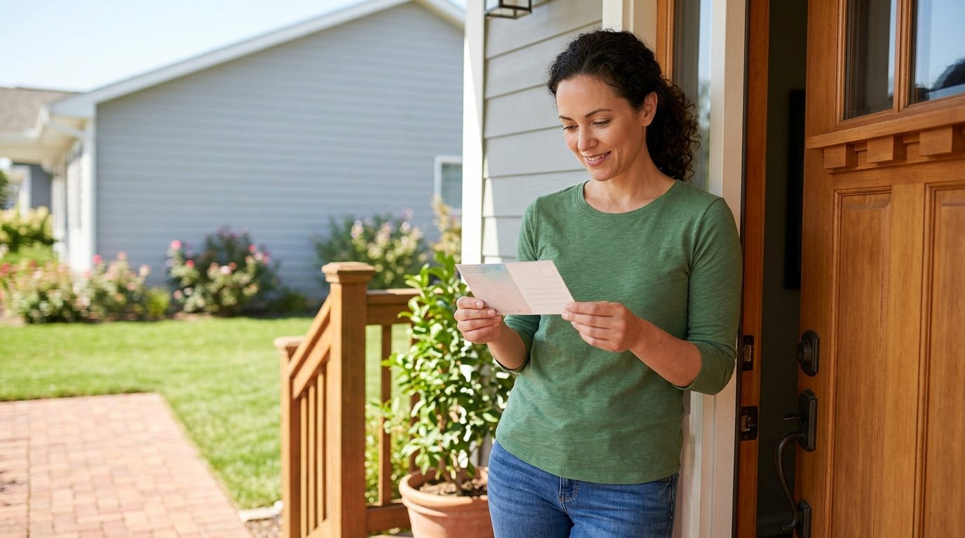 A person reads a postcard while standing in the doorway of a suburban home, with a front porch and lawn behind them.